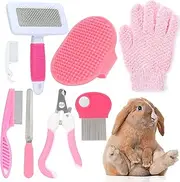 VCZONE Pink Small Animal Grooming Kit with Nail Clipper, Flea Comb, Shampoo Brush, Slicker Brush, Massage Glove for Rabbits