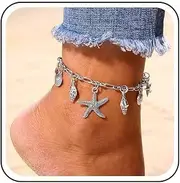 [Cybche] Boho Conch Starfish Anklet Bracelet Silver Scallop Sea Star Anklet Summer Beach Ocean Trinkets Paperclip Chain Foot Accessory Jewelry for Women