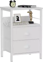 Nightstand with 2 Fabric Drawers, White Bedside Table with 2-Tier Shelf, Side Ta