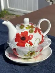 Porcelain All-in-One Single Serve Teapot and Teacup and Saucer.Poppies.Stechcol