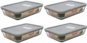 Pyrex 3-Cup Rectangle Food Storage with 3 cup, Box of 4 Containers, Grey Lid