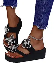 [JSMY] Women's 3D Butterfly Crystal Wedge Platform Thong Sandals Ladies Fashion Summer Soft Slippers Slip on Slide Sandals Comfy Nonslip Beach Flip Flops,Black,US5/EU36
