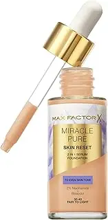 Max Factor Miracle Pure 2in1 Skin Reset Serum Foundation, 30-40, Fair to Light, Vegan Formula, Evens Skin Tone, Medium Coverage, Satin Matte Finish, Niacinamide & Bisabolol, 30ml
