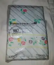 VTG 90's JCPenney Flowers Stripe Pillow Case Package Set 2 Standard Pair Floral