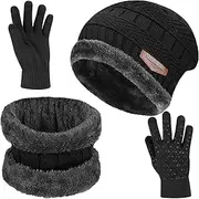 [KEAIDO] Winter Men Hat Scarf Gloves 3 PCS Set, Warm Beanie Skull Cap Bib
