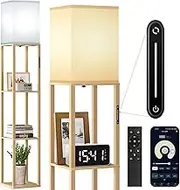 OUTON Floor Lamp with Shelf Dimmable, Floor Lamp Wood with 4 Colour Temperature and 1H Timer, Remote Control, App and Touch Control, Floor Lamps with Lampshade for Living Room, Bedroom, Office (Wood)