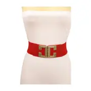 Women Red Wide Elastic Band Fashion Belt Gold Metal C Buckle Adjustable Size S M