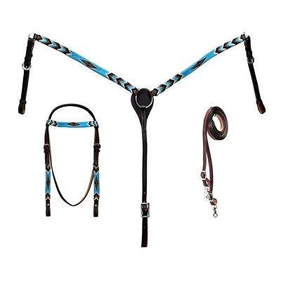 western Leather Equestrian Tooled Beaded Headstall,Breast Collar & Reins. (H050)