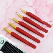 5pcs Red Matte Fiber Tip Eyelash Extension Tweezers Set Gold Tip Curved & Volume