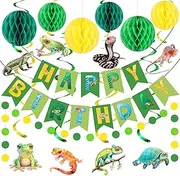 Reptile Birthday Party Decorations Reptile Swamp Happy Birthday Banner with Honeycomb Ball and Reptile Hanging Swirls Safari Animals Lizard Snake Alligator Wilderness Jungle Birthday Party Supplies