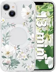 Tcaraersing for iPhone 13 Mini 5.4'' for Magnetic Clear Flower Case, Compatible with MagSafe, Floral Pattern Transparent Shockproof PC Back Soft TPU Slim Thin Cover for Girls Women - Magnolia