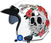 Bluetooth Motorcycle Helmet 3/4 Integrated Headset and Microphone with Retractable Sun Visor ECE Certification Jet Helmet for Adults Men Women, Vintage Style Motorcycle Half Helmets