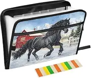 Quteprint 13 Pockets Expanding File Folder with Zipper Closure, Horse Winter Christmas Snow Accordion File Folder with Sticky Labels, Letter Size A4 Papers Expandable File Document Organizer