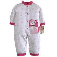 在飛比找蝦皮購物優惠-嬰兒長袖連身兔裝 粉色微笑小狗造型 全開扣包腳連身衣.包屁衣