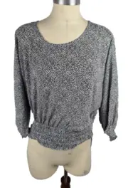 Vince Camuto Women's Printed Smocked Hem Peasant Top Black Ivory Size S