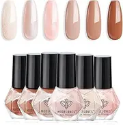 Modelones Complete Nail Polish Set Brown Nude Pink Pearl White Glitter Shimmer Quick Dry Nail Lacquer Kit with Nail Remover Sticker Base&Top Coat, 6 Colors DIY Home Manicure for Women Girls