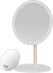 Zarek Lighted Makeup Mirror,8.5" Large Rechargeable Vanity Mirror with 3 Color Lights/10X Mini Magnetic Mirror,Dimmable Touch Screen, Desk Tabletop Mirror,Portable for Travelling