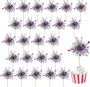 24Pcs American Patriotic Cupcake Toppers, 4th of July Foil Firework Cupcake Toppers Tinsel Drink Cake Decoration Picks Independence Day Decorations Supplies Favor