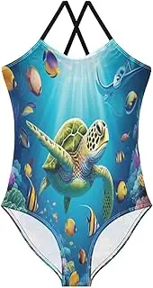 [RPLIFE] Vibrant Sea Turtle Underwater Swimming Suit for Girls, Summer Beach Swim Suits Kids, 3-10