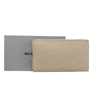 【Balenciaga 巴黎世家】經典品牌雙B LOGO牛皮壓紋拉鍊發財零錢長夾(米灰)