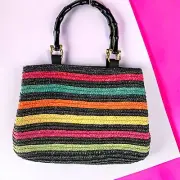 MAGID Multi Color Striped Wheat Straw Top Double Wooden Handle/Satchel NWT