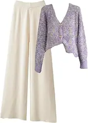 [Generic] Women Warm Thicken Knitted 2 Pieces Sets V Neck Cardigan Sweater+High Waist Wide Leg Pants Sets