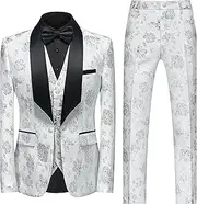 [JEShifangjiusu] Men's 3 Pieces 1 Button Flora Tuxedo Blazer Elegant Slim Fit Single Breasted for Prom Wedding Party Stylish Suit Dress Set Vest Pants, White, 4XL