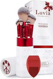 Professional Luvia Makeup Brush Set, Gift Idea, Prime Vegan Memories Velvet Red, Pearl, 7 Make-Up Brushes Including Brush Storage and Blender Sponge, Prime Vegan Memories Set