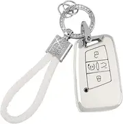 PIFOOG Key Fob Cover for VW Soft TPU 4 Button Keys Case Shell Protector Glitter Keychain Car Accessories for Volkswagen Jetta Tiguan Atlas Arteon Taos Girly Cute White Gold,For VW-C