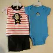 CARTER'S BABY BOYS 6 MONTHS 3-PC TOP/SHORTS/1 PIECE MONKEY THEME BROWN/BLUE NWT