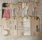 Handmade Junk Journal Tags Sewing patterns Gift tags Upcycled Recycle Vintage