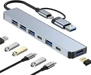 USB C Hub for Laptop,USB 3.0 Hub,Two Kinds of Plugs 7 Port USB-C Hub,DC Port USB Splitter for PC,USB Extender USB Hub for PC Laptop,MacBook Docking iMac Pro Air Mac Mini/Pro, Notebook PS4,Aluminum
