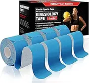 EVERLIT [4-Pack] Pre-Cut Elastic Cotton Kinesiology Therapeutic Athletic Sports Tape, for Pain Relief and Support, 80 Precut 10” Strips (Light Blue)
