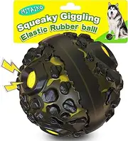Dog Toy Ball for Aggressive Chewers, Interactive Fetch Dog Ball with Fun Squeaky Giggling Sound, Durable for Small Medium Large Dogs, Non-Toxic Rubber Pet Chew Toys, Black & Yellow