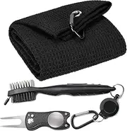 Microfiber Waffle Pattern Tri-fold Golf Towel (16" x 24")| Golf Club Brush| Golf Divot Tool| Black Golf Towel Set| Suitable for Golf Lovers| Golf Accessories for Men