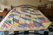 Bright Colorful Patchwork on Yellow Quilt, 60" x 80", Handmade, A05