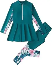 [Yruioon] Girls Modest Burkini Floral Printed UPF Swimdress Top with Leggings Athletic Rash Guard