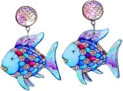 [KIFEDSLJ] Rainbow Fish Earrings Handmade Acrylic Rainbow Fish Whale Mermaid Drop Dangle Earring Teacher Earrings for Teachers, Educators, Librarians Back to School Jewelry