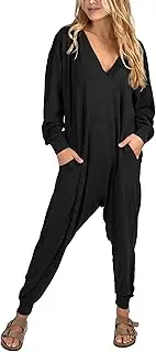 [Jawmeu] One Piece Jumpsuits for Women Casual Baggy Long Sleeve Onesie Pajamas Lounge Overalls Tee Romper with Pockets