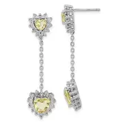 Sterling Silver Polished Diamond & Lemon Quartz Heart Dangle Earrings