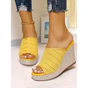 Women's Yellow Crochet Wedge Slide Sandals – Summer Open-Toe Espadrille Platform Shoes for Beach Vacations, Casual Outings, and Resort Wear