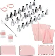 Joyeee 34 PCS Piping Bag Tips Set, Piping Nozzles Cake Decorating Tool with Scraper Clean Brush Stainless Tips, Reusable Thickened Silicone Bag, Baking Supplies DIY Tools for Icing Puff Cookie Cupcake