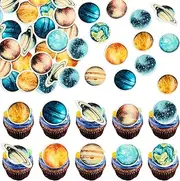 Ephlyn 54Pcs Edible Outer Space Cupcake Toppers Wafer Paper Solar System Galaxy Universe Planets Cupcake Picks for Baby Shower Boys Girls Birthday Outer Space Themed Party Cake Decorations