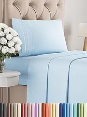 3 Piece Bed Sheet Single Size Set, Flat Sheet, Fitted Sheet and 1 Pillowcase – Wrinkle Free, Soft Microfiber Sheets with Deep Pockets for Mattresses up to 35cm, Oeko-TEX Certified - Light Blue