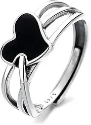 [IMINI] Black Heart Open Statement Rings Sterling Silver 925 Adjustable Multi Layers Engagement Promise Ring Endless Love Eternity Wedding Bands Wrap Finger Band Dainty Jewelry Gifts for Women Girls,