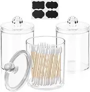 Swpeet 7Pcs in Set, 3 Pack Holder Dispenser for Cotton Ball, Cotton Swab, Cotton Round Pads 10 oz Clear Plastic Apothecary Jar Set for Bathroom Canister Storage Organization, Vanity Makeup Organizer