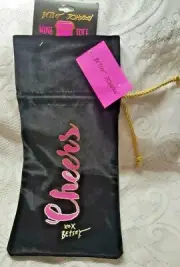 Betsey Johnson Cheers Wine Tote Bag Black Pink Velvet Gold Drawstring Gift Bag