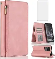 [Asuwish] Compatible with Samsung Galaxy S20 Ultra Glaxay S20ultra 5G Wallet Case Tempered Glass Screen Protector Zipper Leather Flip Cover Card Holder Stand for Gaxaly 20S S 20 20ultra Women Rose Gold