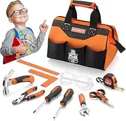 REXBETI 10-Piece Kids Tool Set with Real Hand Tools, Orange Durable Storage Bag, Children Learning Tool Kit for Home DIY and Woodworking, REX117