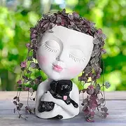 WEWEOW Face Planters Pots Head for Indoor Outdoor Planter Pot with Dog, Succulent Planter with Drainage Hole Cute Lady Face Flower Pots (White)